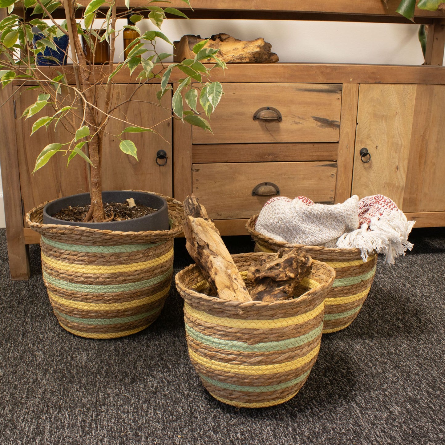 Seagrass & Straw Vase Shaped Baskets - Natural Yellow & Green - Set of 3