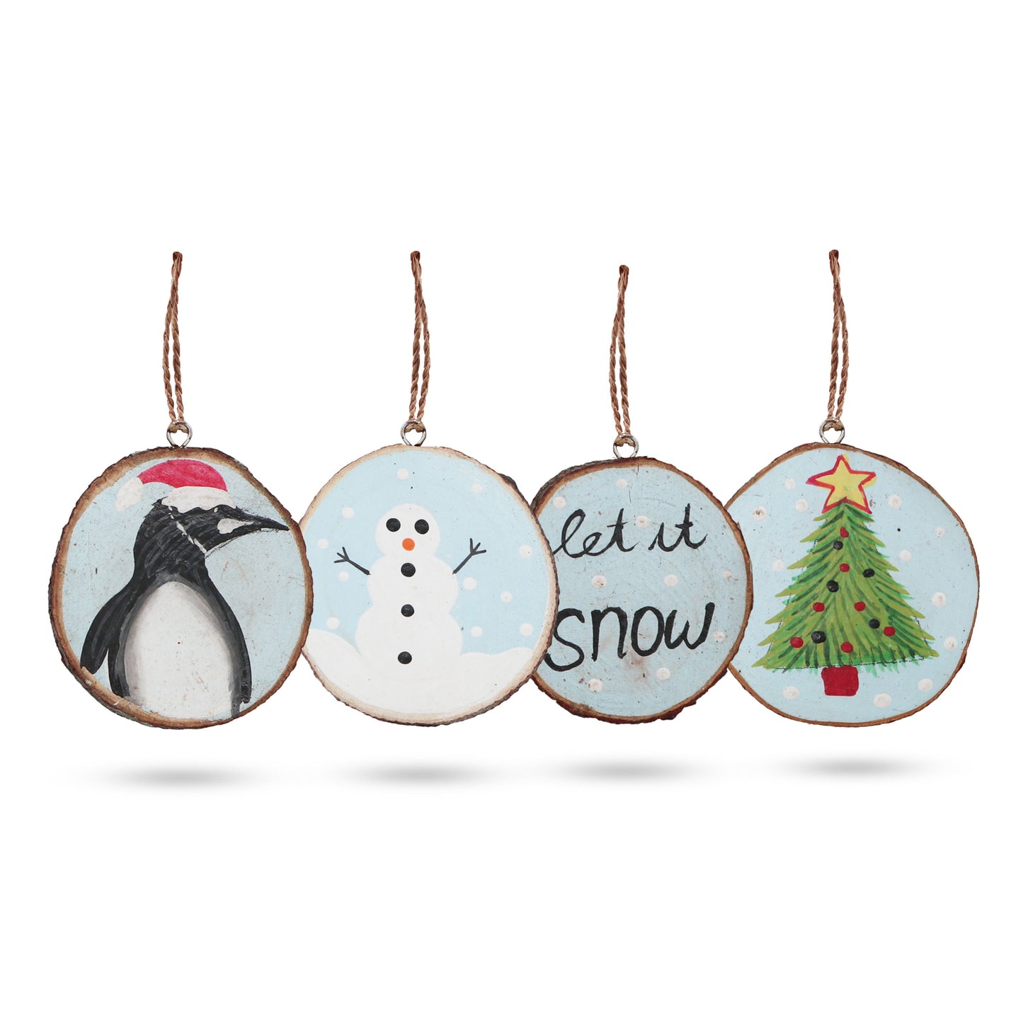 Set of four Christmas-themed ornaments with penguin, snowman, and tree designs on a white background.