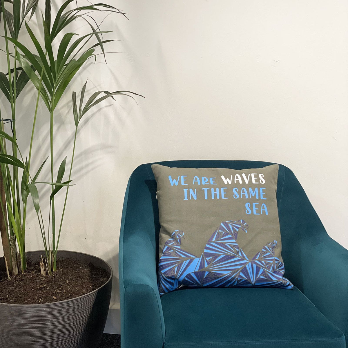 Printed Cotton Cushion Cover Set - We are Waves - Grey, Blue and Natural