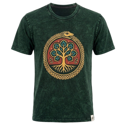 Nomad Sari Stonewashed Cotton T-Shirt - Tree of Life - Green - XL