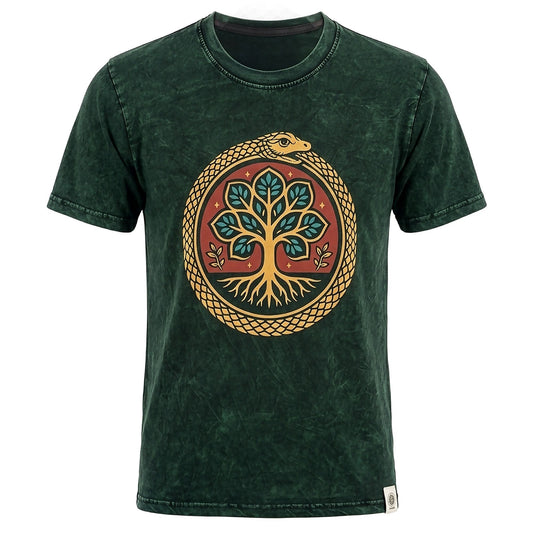 Nomad Sari Stonewashed Cotton T-Shirt - Tree of Life - Green - XL