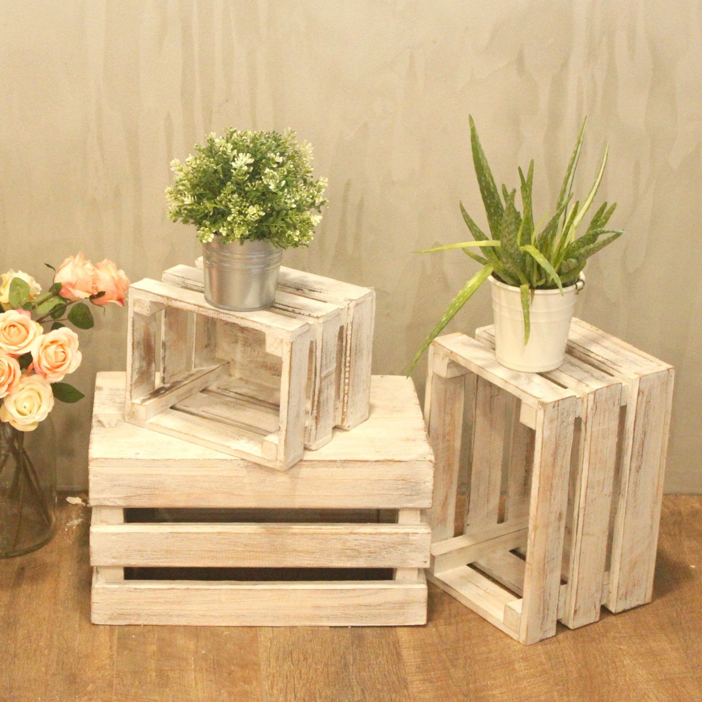 Wooden Storage Crates – White Wash (Set of 3)