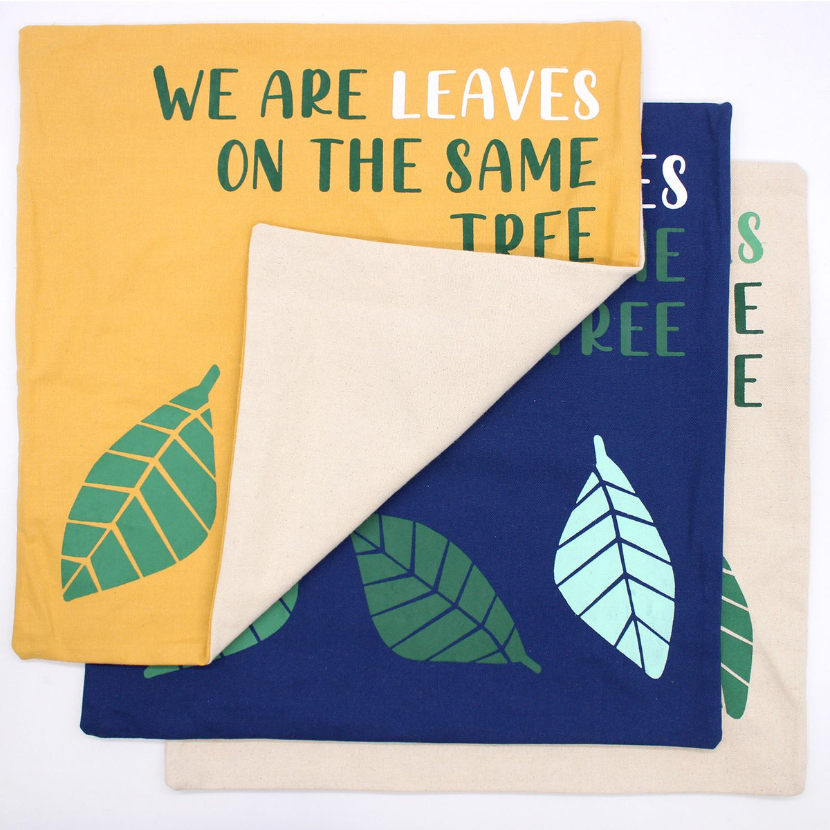 Printed Cotton Cushion Cover Set - We are Leaves - Yellow, Blue and Natural