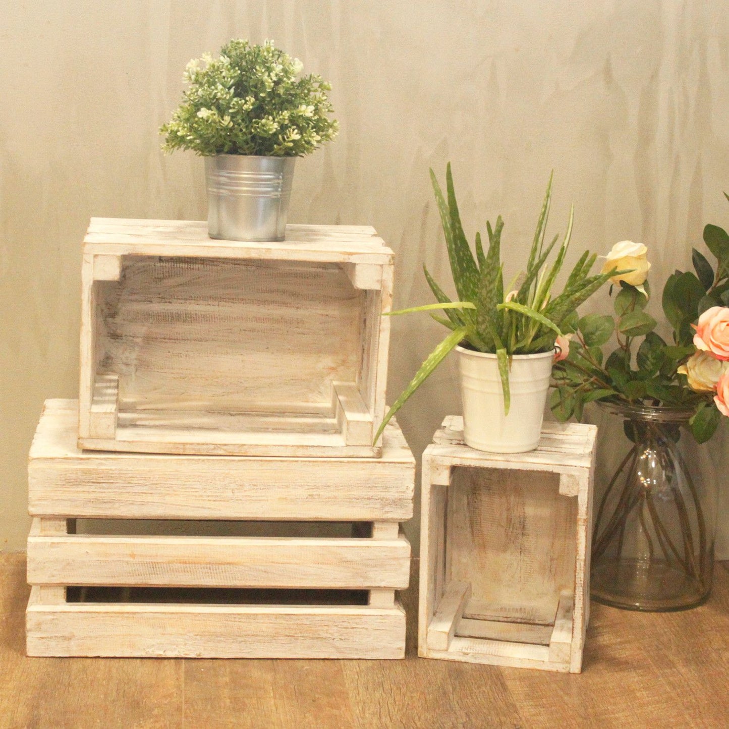 Wooden Storage Crates – White Wash (Set of 3)