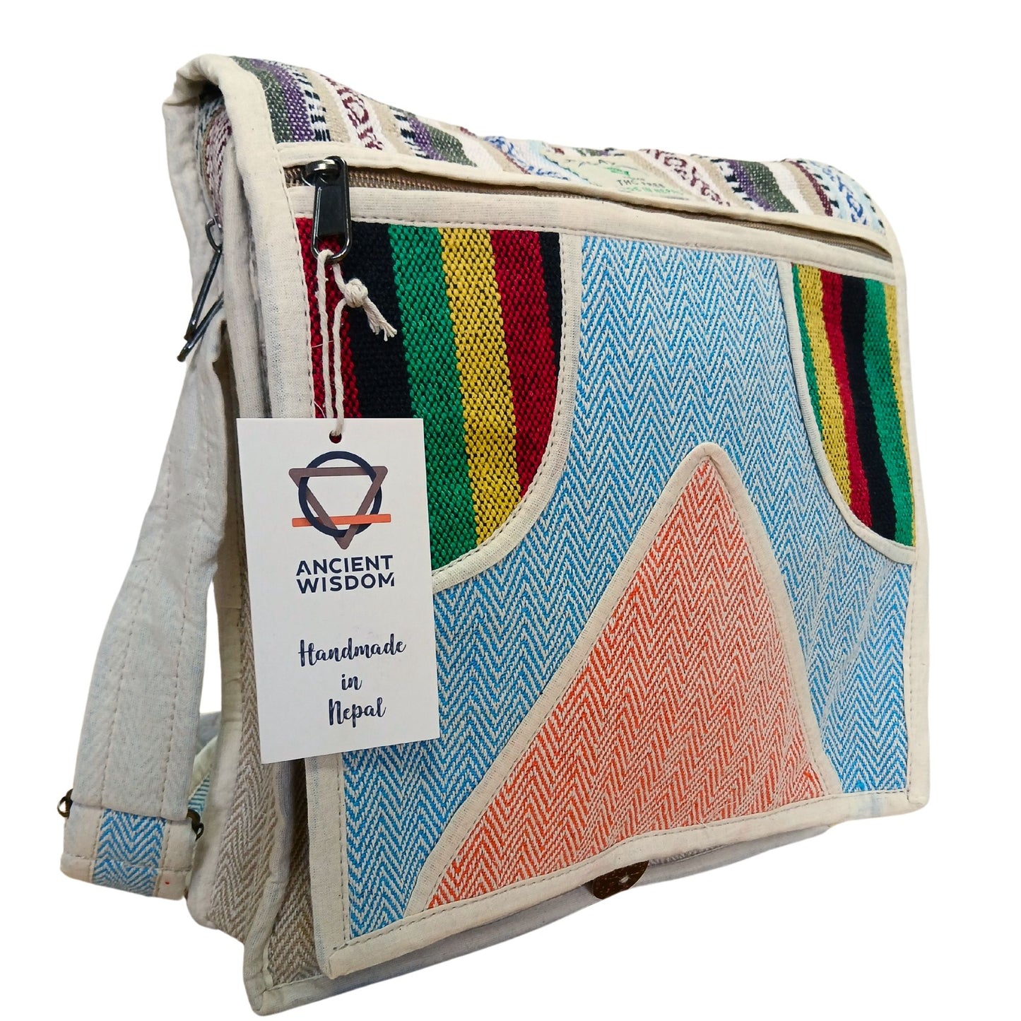 Colorful bag with geometric patterns and a 'Ancient Wisdom' tag on a white background
