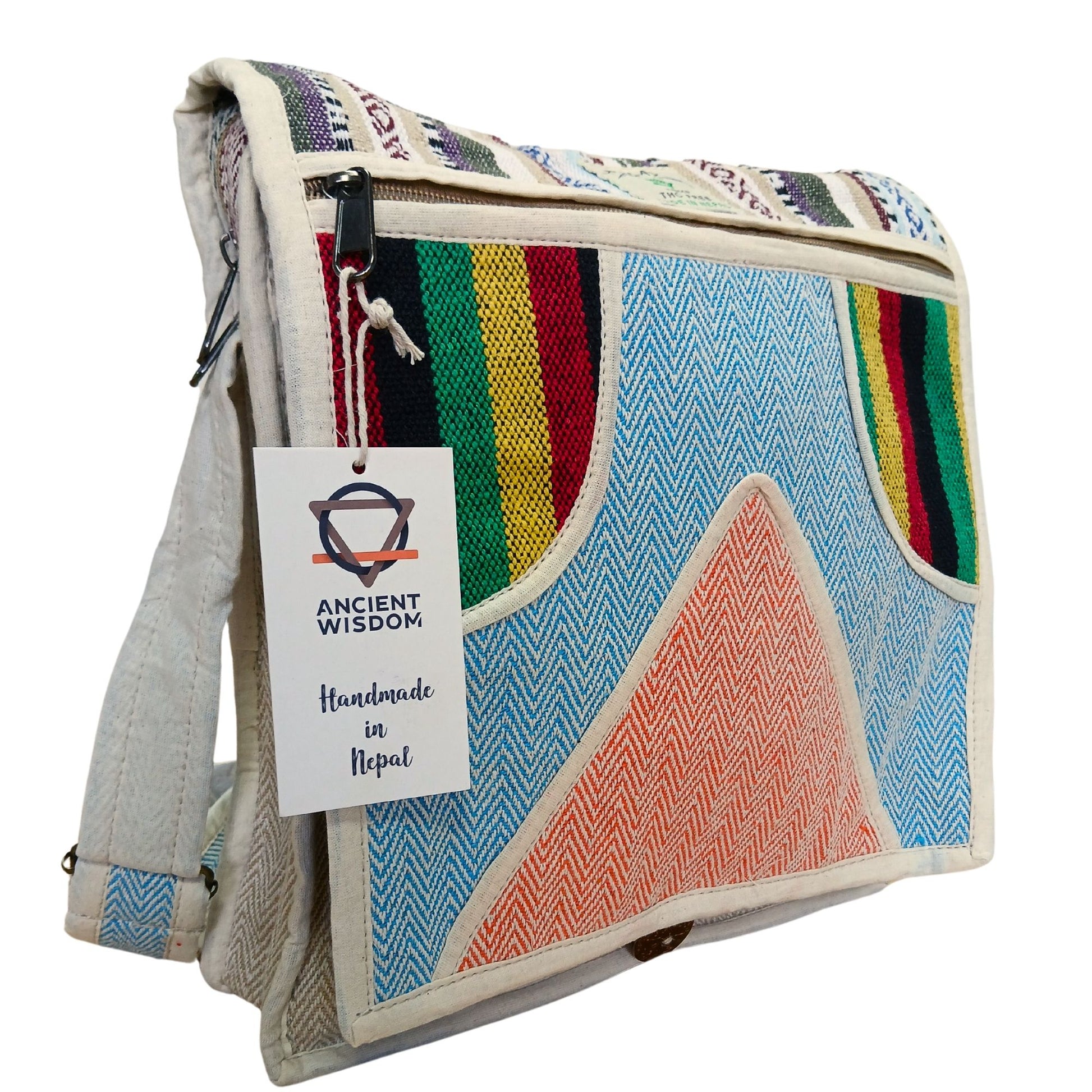 Colorful bag with geometric patterns and a 'Ancient Wisdom' tag on a white background
