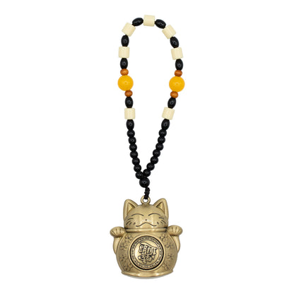 Decorative keychain with a cat-shaped pendant and beaded chain on a white background