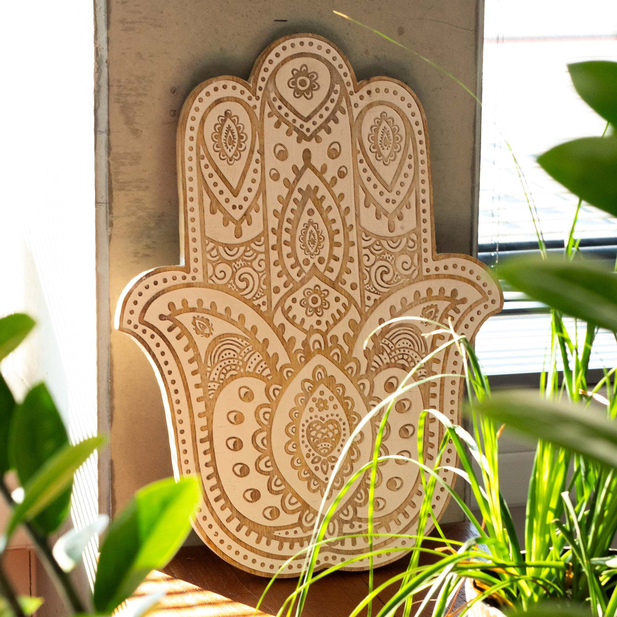 Mango Wood Hamsa Wall Plaque - Whitewash