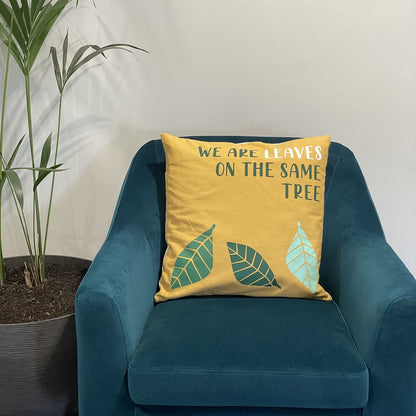 Printed Cotton Cushion Cover Set - We are Leaves - Yellow, Blue and Natural