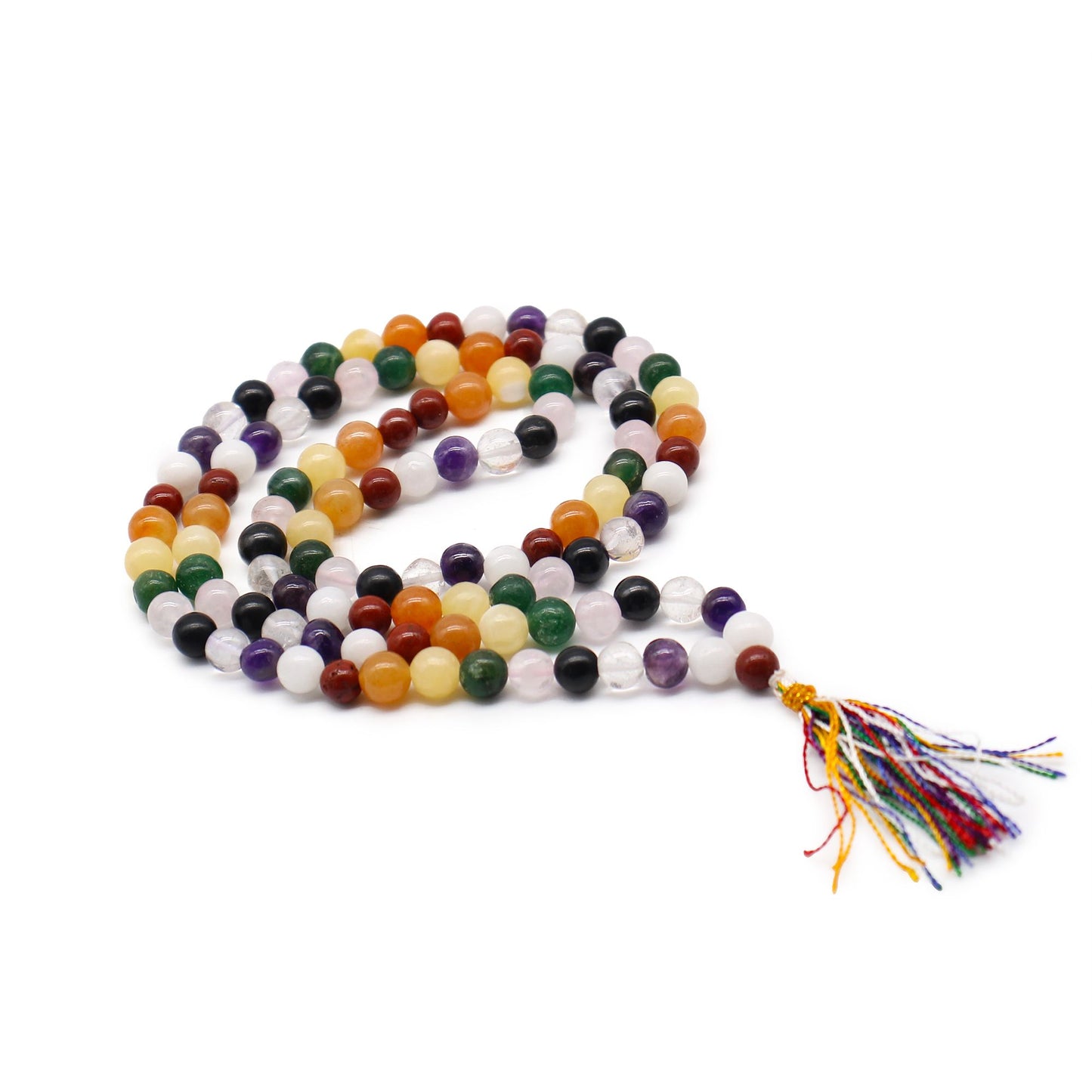 Multicolored beaded necklace with tassel on a white background