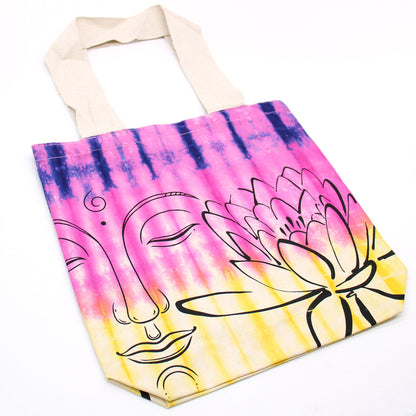 Tie-Dye Cotton Bag (6oz) - 38x42x12cm - Lotus Buddha - Multi Col - Natural Handle