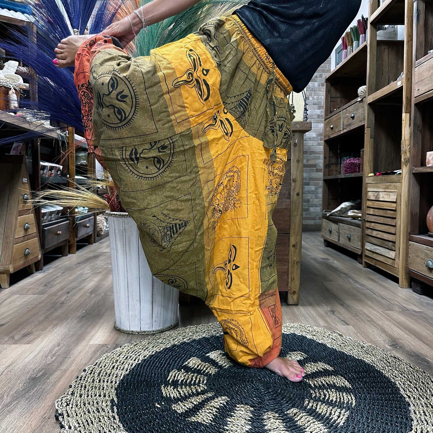 Yoga and Festival Pants - Aladdin Himalayan Print on Yellow/Khaki