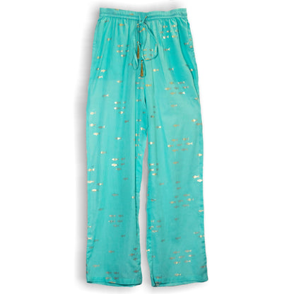 Nomad Sari Lounge Pants (L/XL) – Turquoise with Hand-Painted Gold Fish Design
