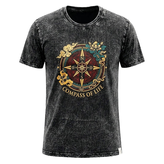 Nomad Sari Stonewashed Cotton T-Shirt - Compass of Life - Charcoal - Large