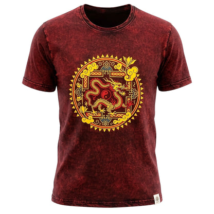 Nomad Sari Stonewashed Cotton T-Shirt - Dragon Mandala - Maroon - XL