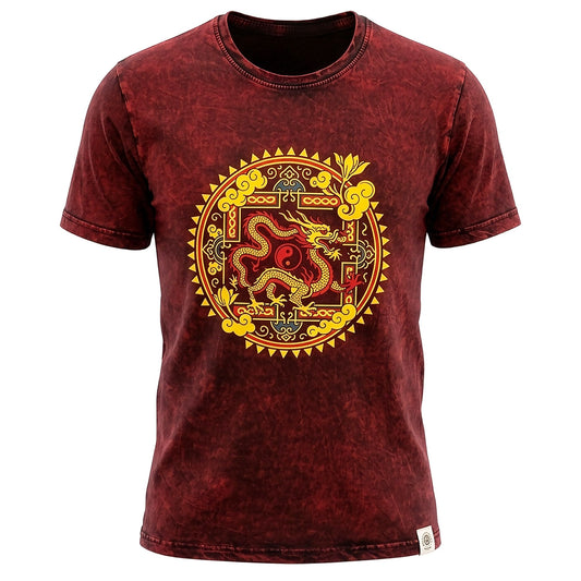 Nomad Sari Stonewashed Cotton T-Shirt - Dragon Mandala - Maroon - XL