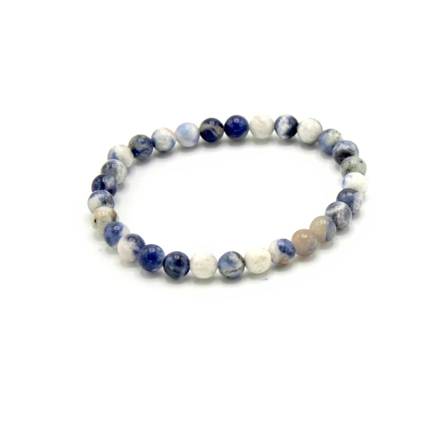 Beaded bracelet with blue and white beads on a white background