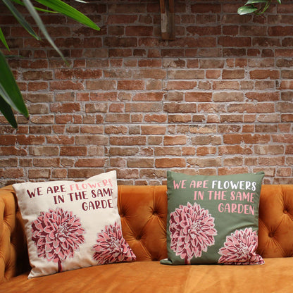 Printed Cotton Cushion Cover Set - We are Flowers - Olive, Pink and Natural