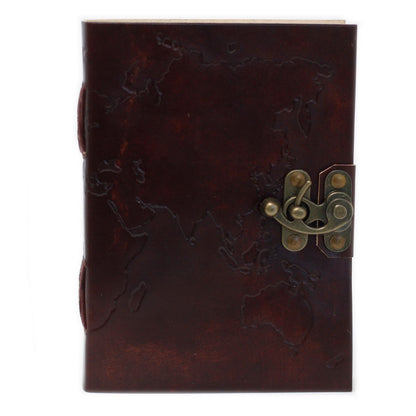 Leather World Map & Stitching Notebook (18x13cm)
