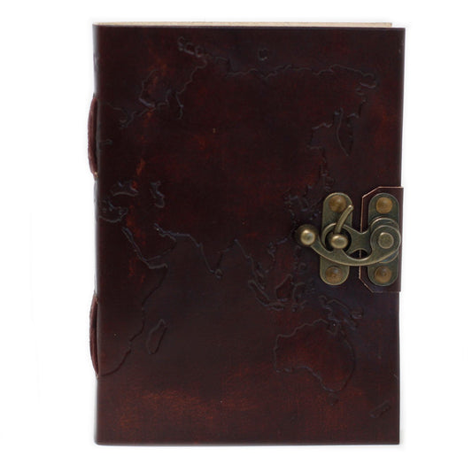 Leather World Map & Stitching Notebook (18x13cm)