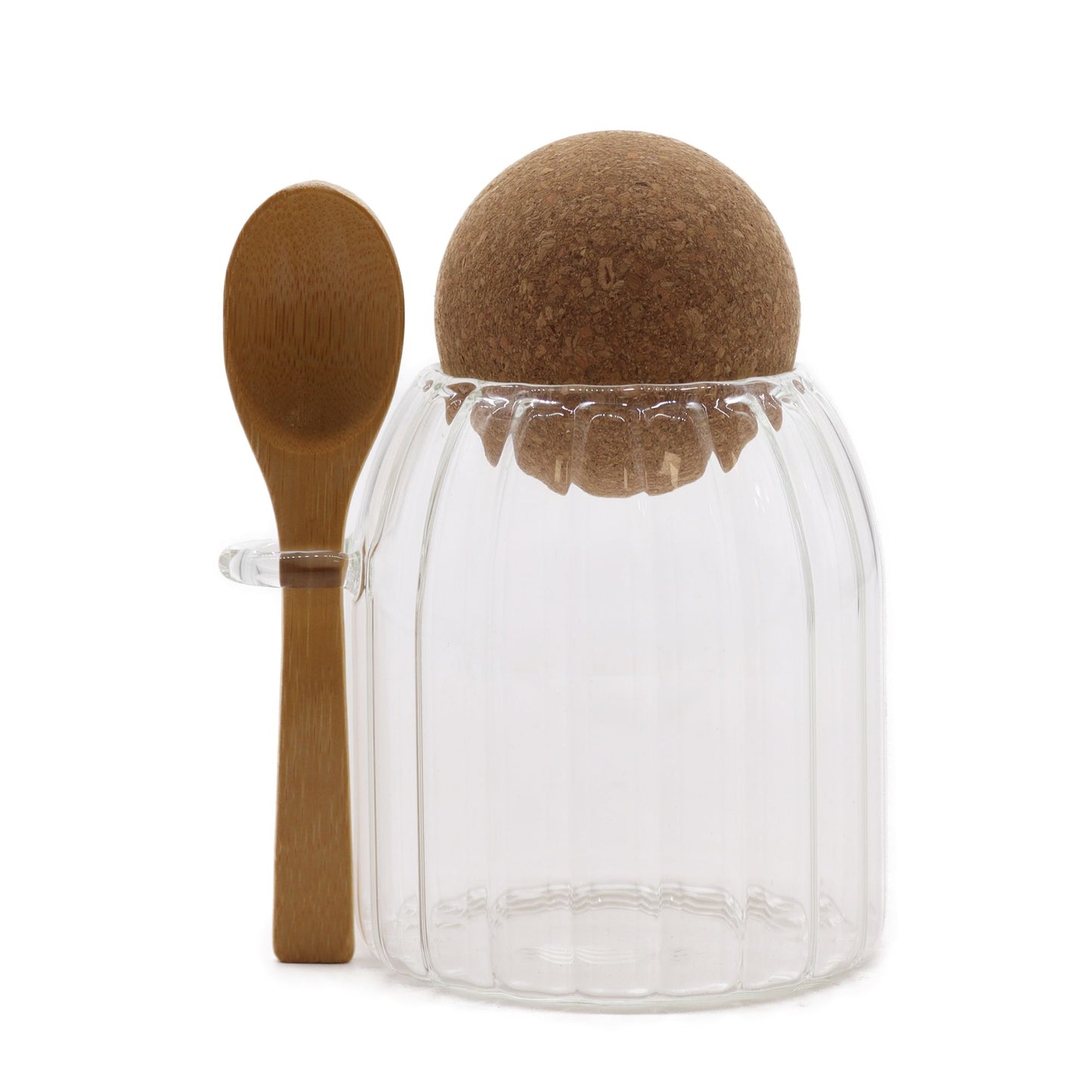 Small Cottage Bamboo Glass Jar -  Ribbed & Spoon 10cm