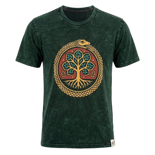 Nomad Sari Stonewashed Cotton T-Shirt - Tree of Life - Green - Large