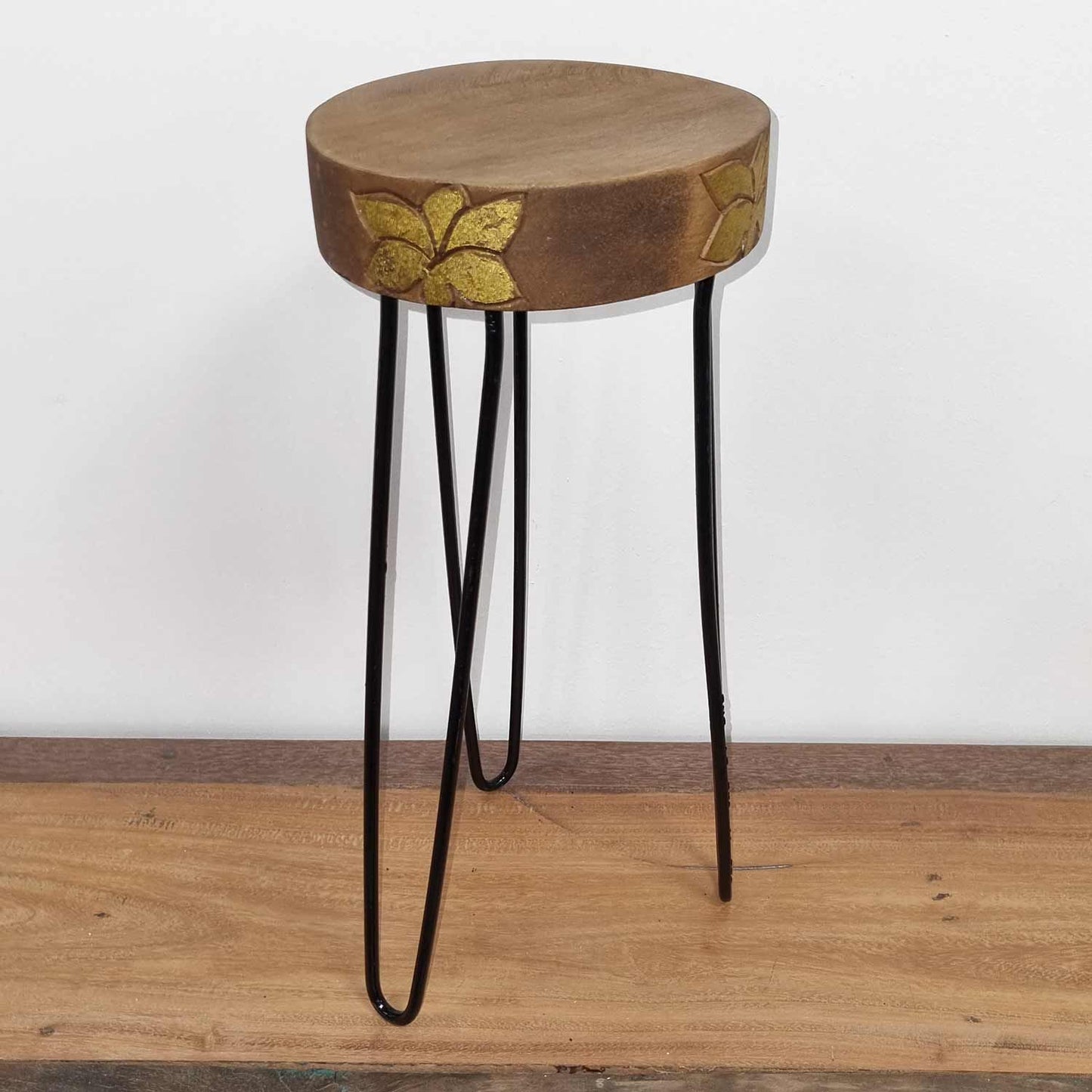 Albasia Wood Plant Stand - Natural & Gold Detail