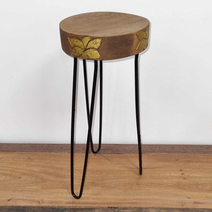 Albasia Wood Plant Stand - Natural & Gold Detail