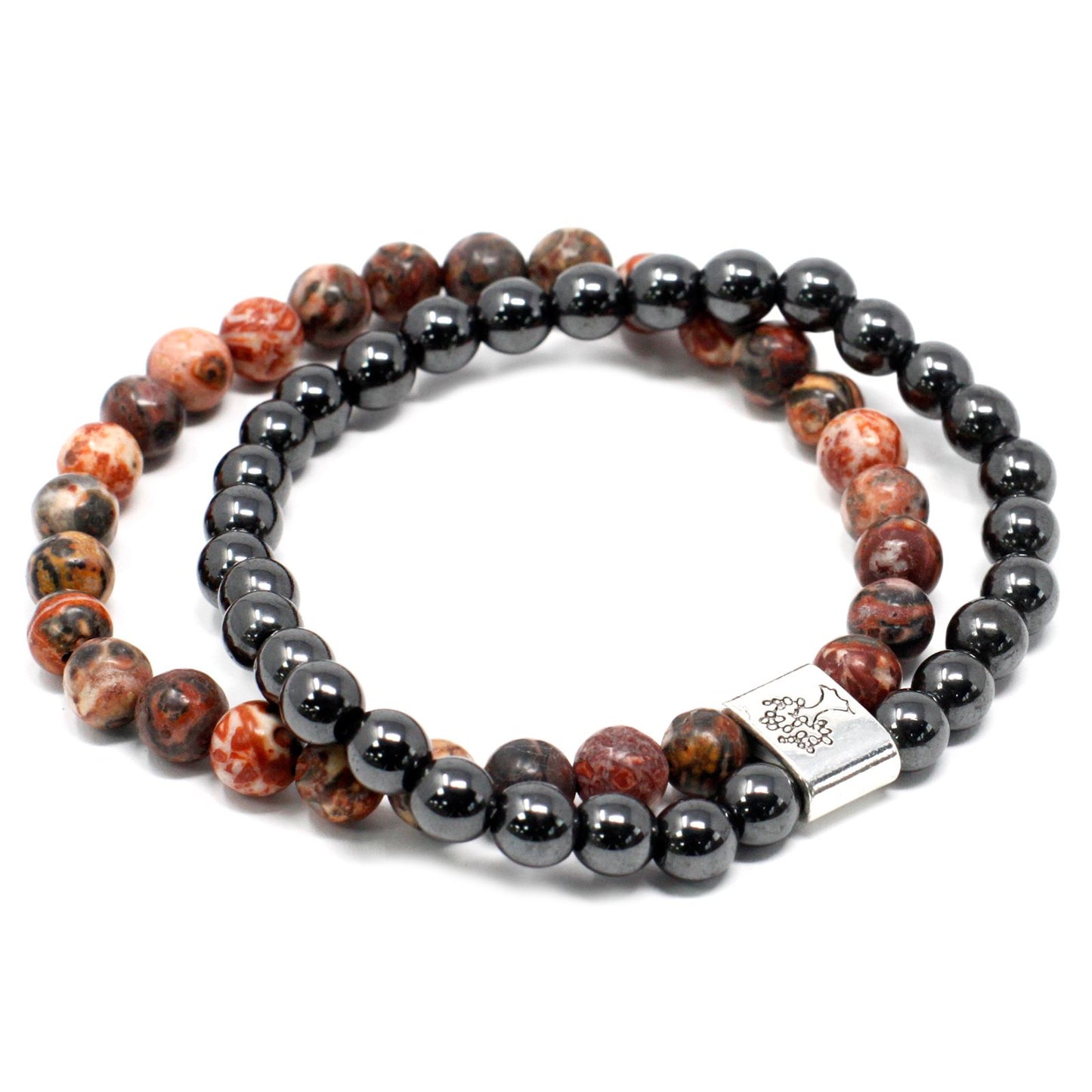 Two beaded bracelets with black and red beads on a white background