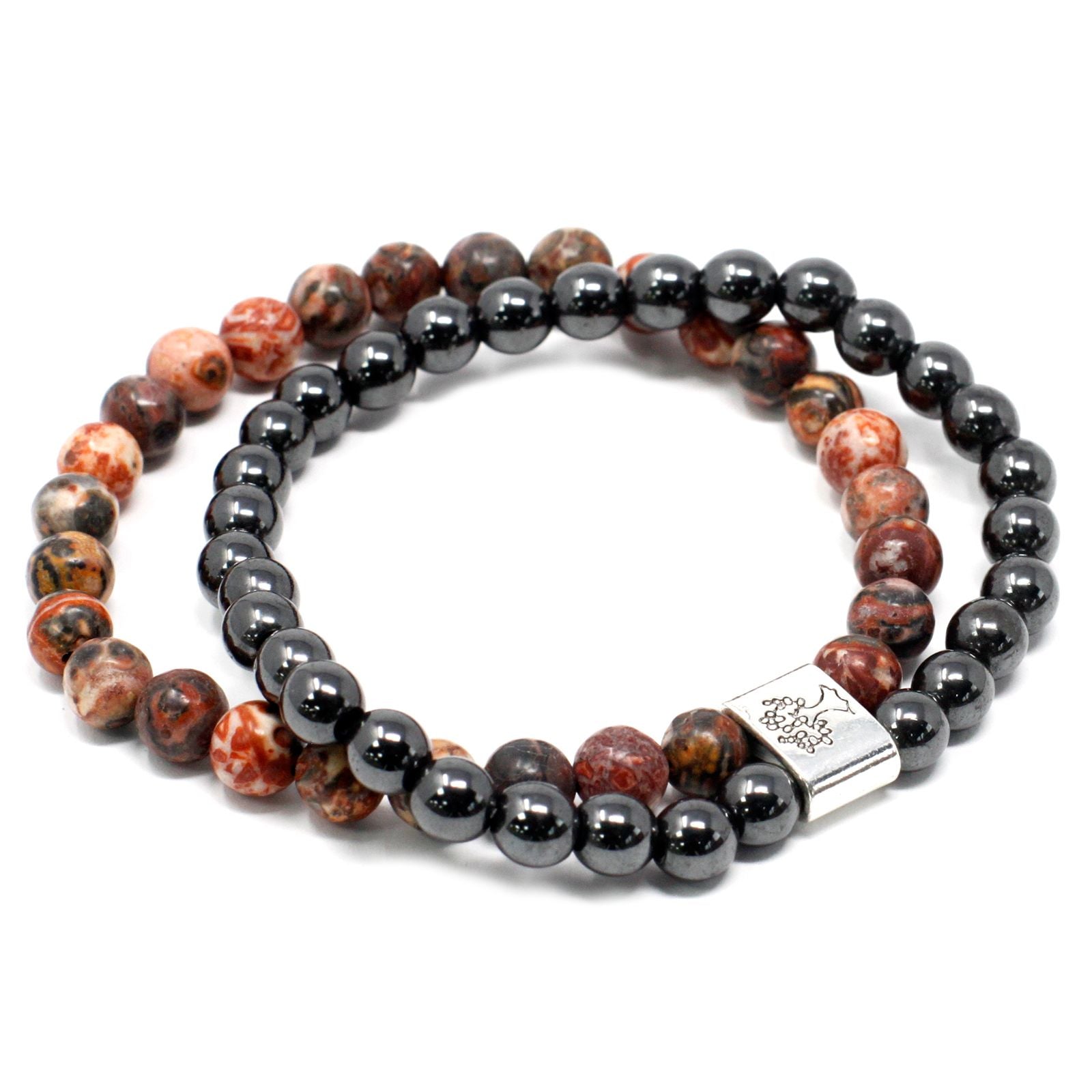 Two beaded bracelets with black and red beads on a white background