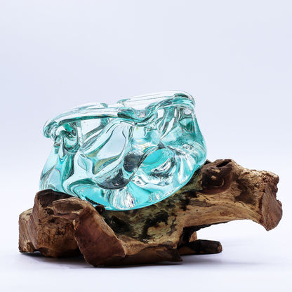 Molten Glass Chunky Candle Holder on Wood 23cm