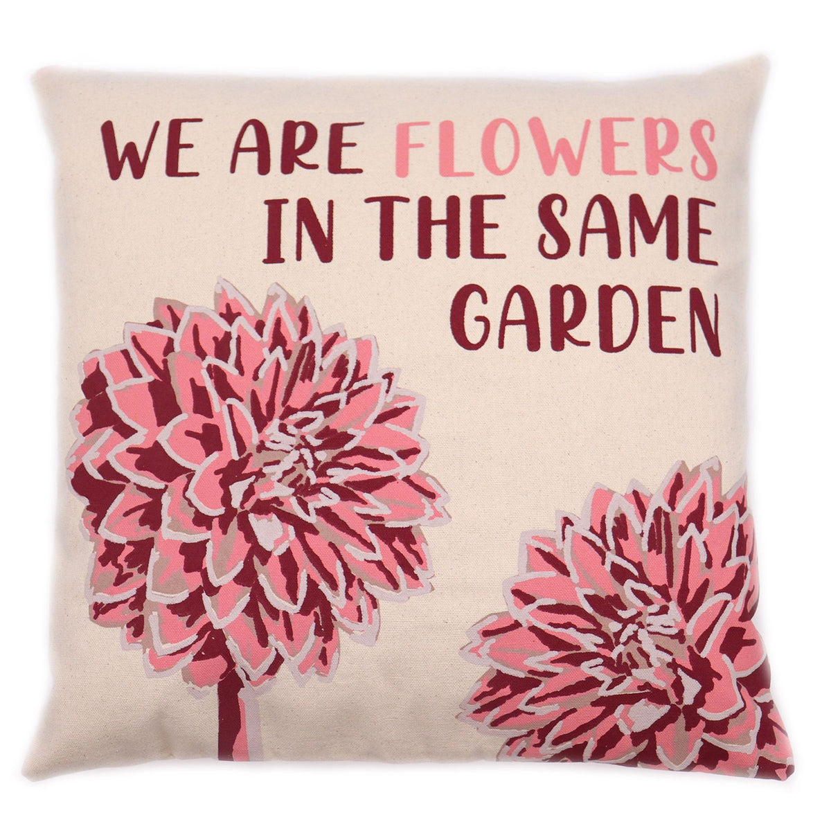 Printed Cotton Cushion Cover Set - We are Flowers - Olive, Pink and Natural