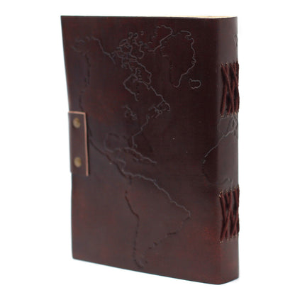 Leather World Map & Stitching Notebook (18x13cm)