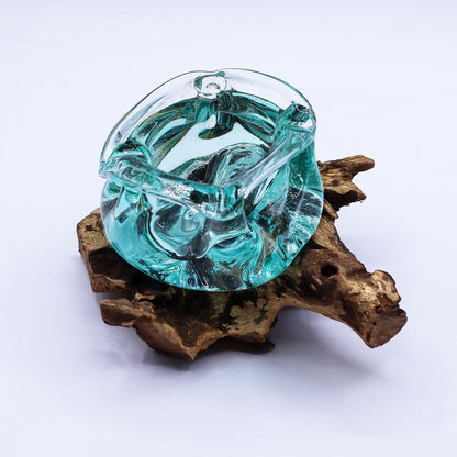 Molten Glass Chunky Candle Holder on Wood 23cm