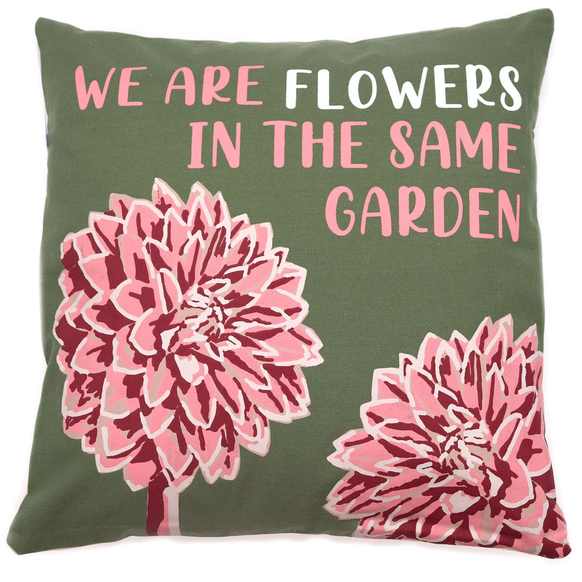 Printed Cotton Cushion Cover Set - We are Flowers - Olive, Pink and Natural