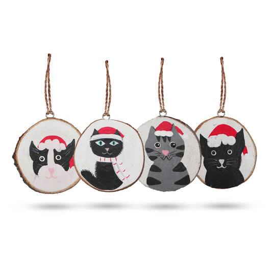 Four Christmas-themed cat ornaments on a white background