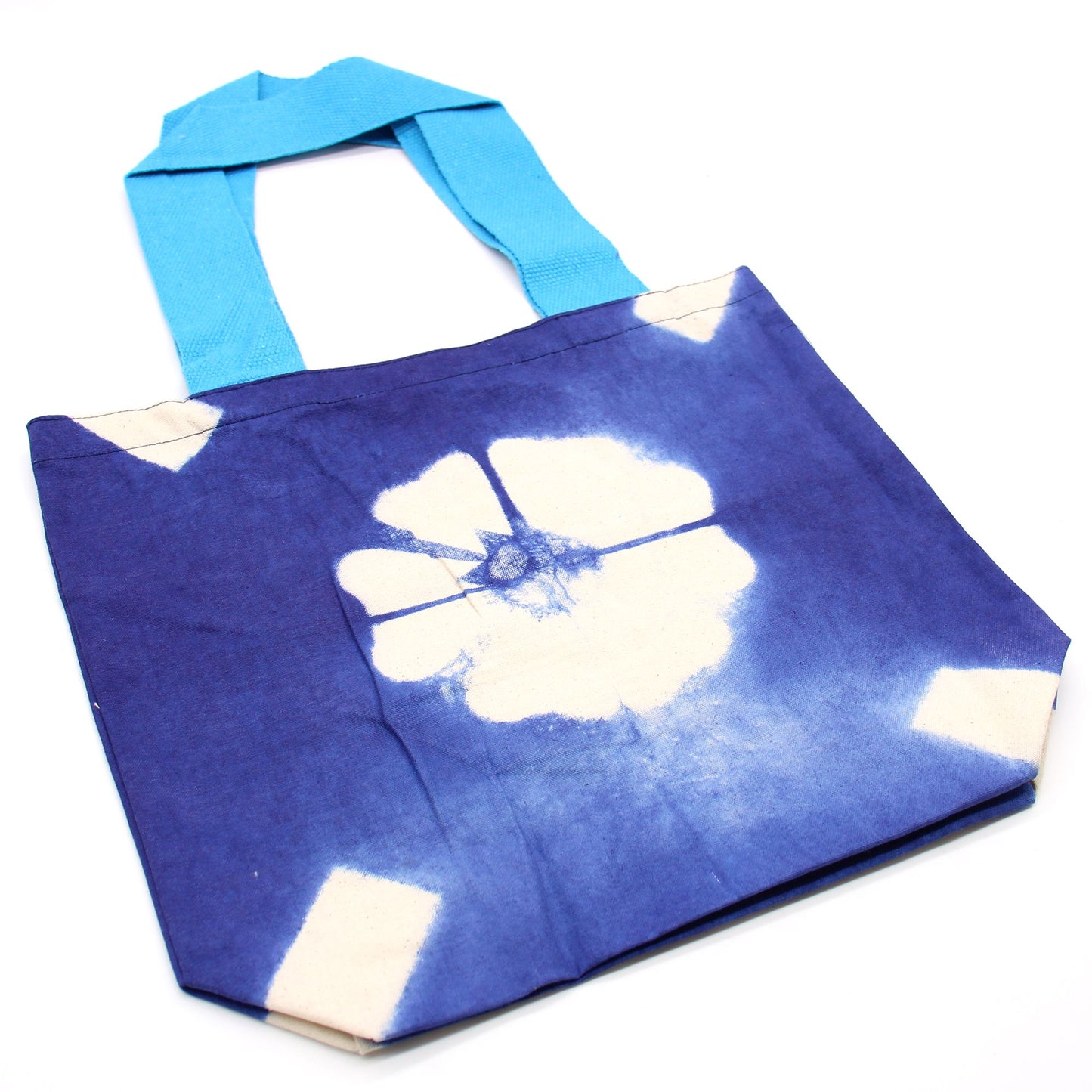 Natural Tie-Dye Cotton Bag (8oz) - 38x42x12cm - Blue Flower - Blue Handle