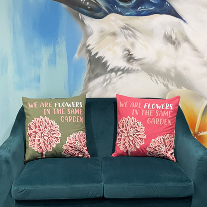 Printed Cotton Cushion Cover Set - We are Flowers - Olive, Pink and Natural