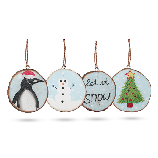 Set of four Christmas-themed ornaments with penguin, snowman, and tree designs on a white background.