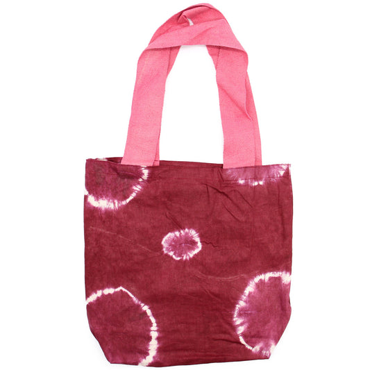 Natural Tie-Dye Cotton Bag (8oz) - 38x42x12cm - Maroon Rings - Pink Handle