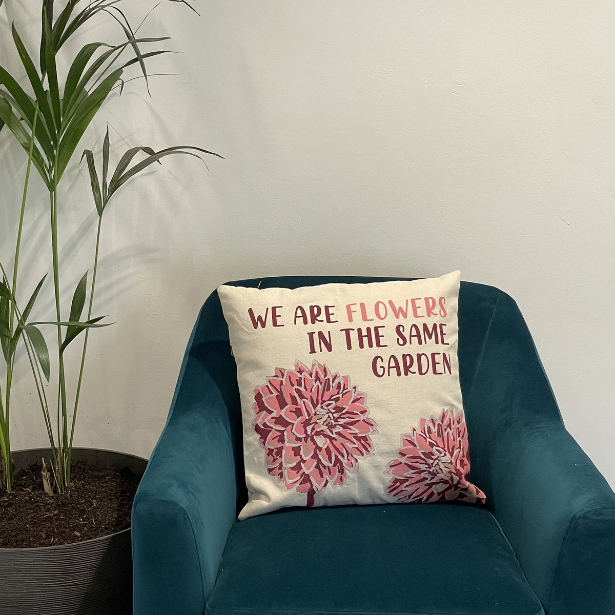 Printed Cotton Cushion Cover Set - We are Flowers - Olive, Pink and Natural