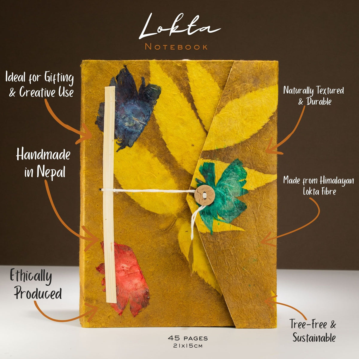 Lokta Bold Floral Notebook – Large (21x15cm) – 45 Leaves – Includes Bookmark – Mustard Brown