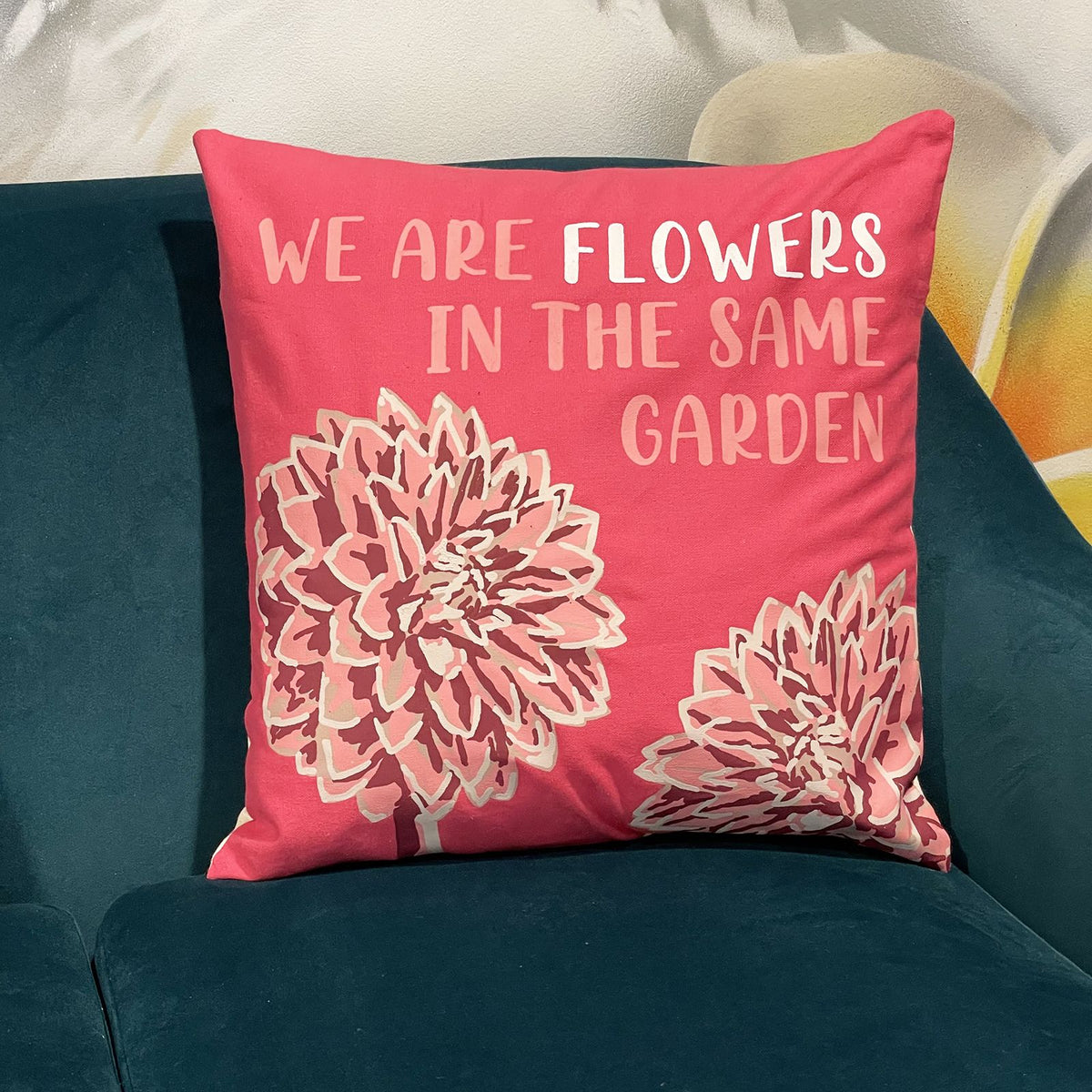 Printed Cotton Cushion Cover Set - We are Flowers - Olive, Pink and Natural