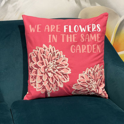 Printed Cotton Cushion Cover Set - We are Flowers - Olive, Pink and Natural