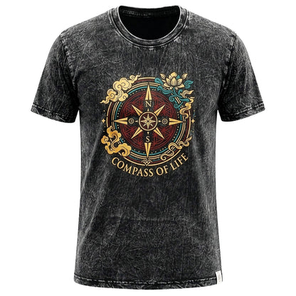 Nomad Sari Stonewashed Cotton T-Shirt - Compass of Life - Charcoal - XL