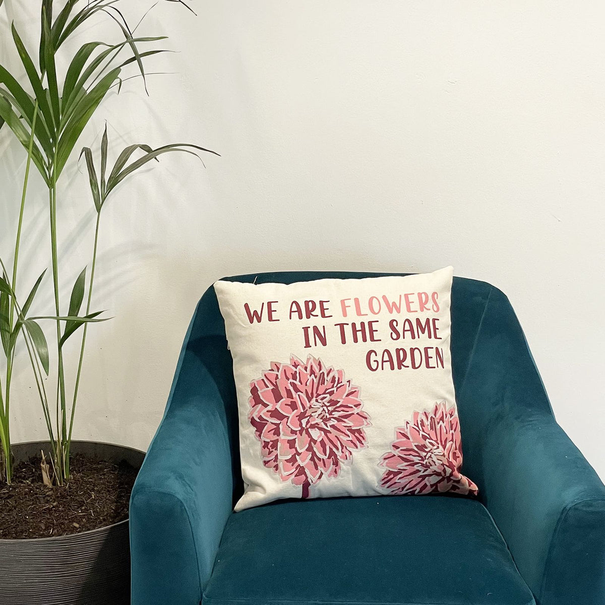 Printed Cotton Cushion Cover Set - We are Flowers - Olive, Pink and Natural
