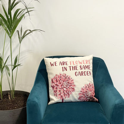 Printed Cotton Cushion Cover Set - We are Flowers - Olive, Pink and Natural