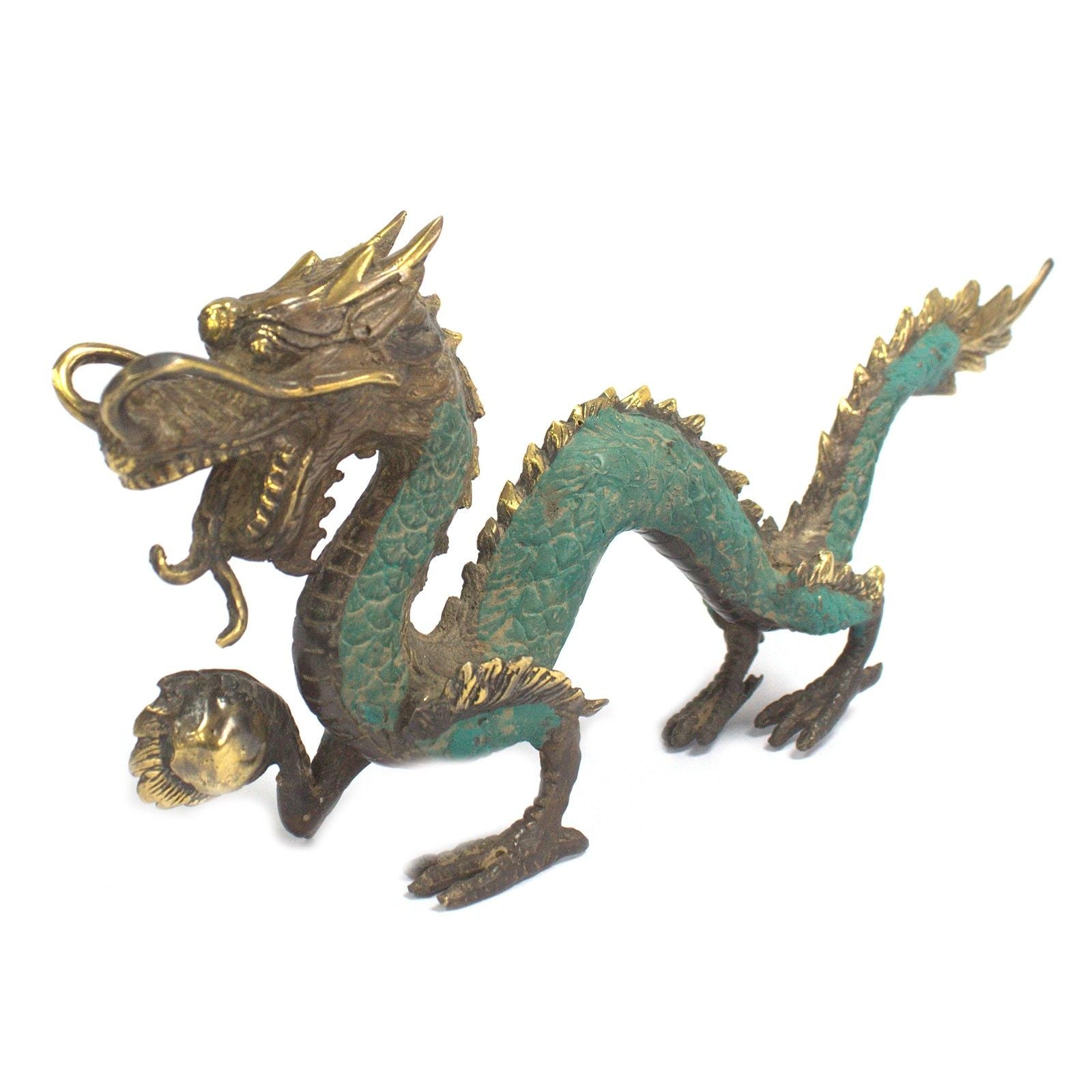Bronze and green dragon figurine on a white background