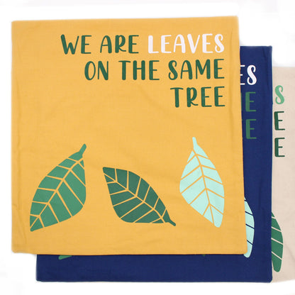 Printed Cotton Cushion Cover Set - We are Leaves - Yellow, Blue and Natural