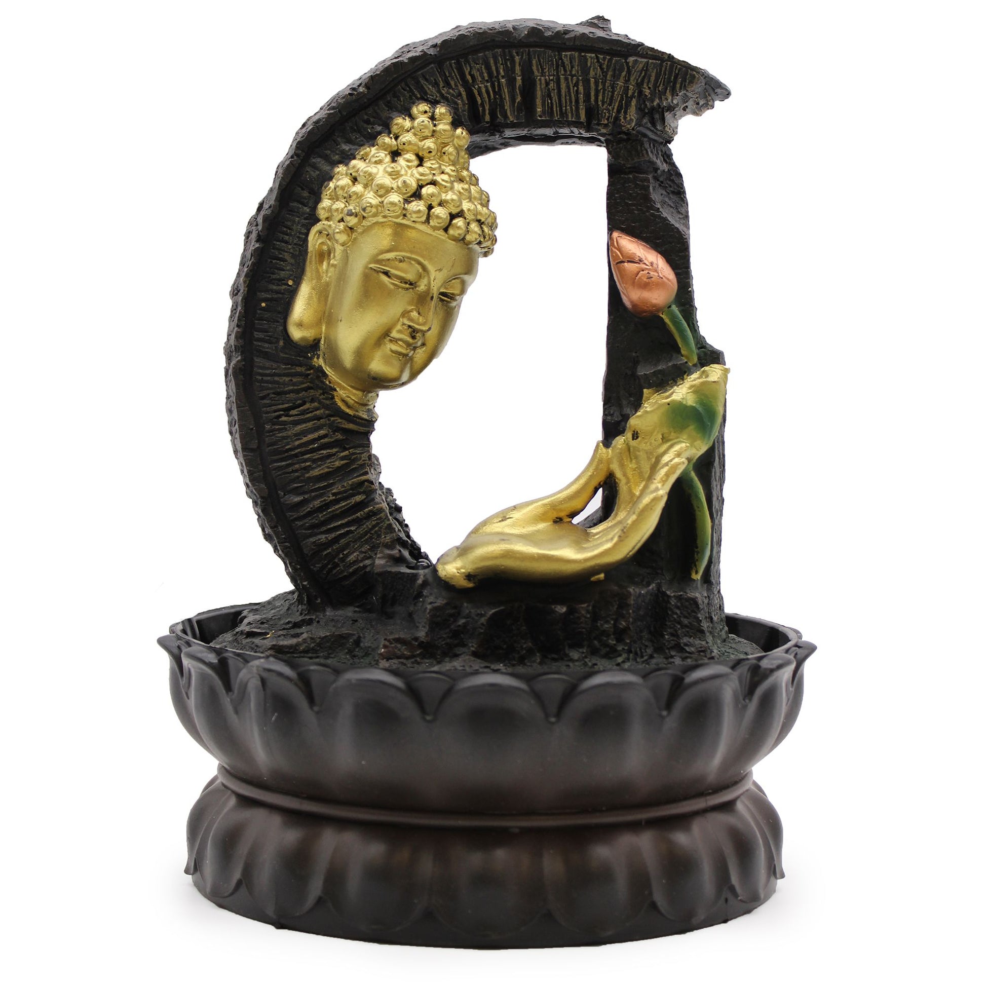 Decorative piece with Buddha head and lotus flower on a white background